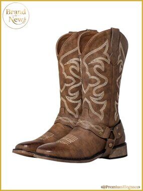 Square Toe Cowboy Boots with Buckle Strap - Wide Calf Cowgirl Boots, Cushion